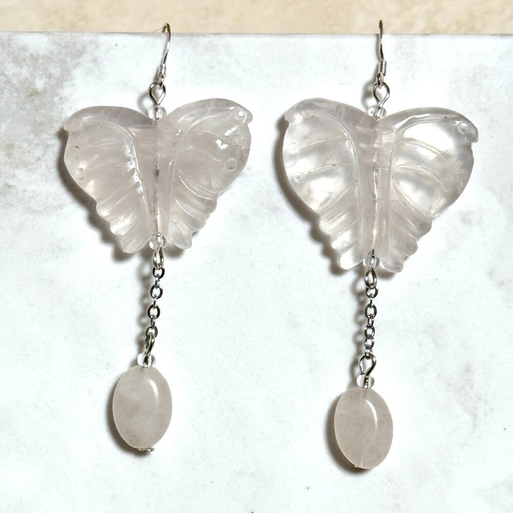 Rose Quartz Luna Moth Silver Earrings, Genuine Gemstone Long Drop Earrings